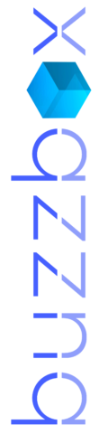 Logotipo buxxbox, palavra escrita normalmente com um cubo no lugar da letra "o"