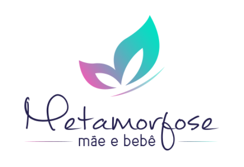 Logotipo escrito Metamorfose mãe bebê com uma borboleta colorida em cima